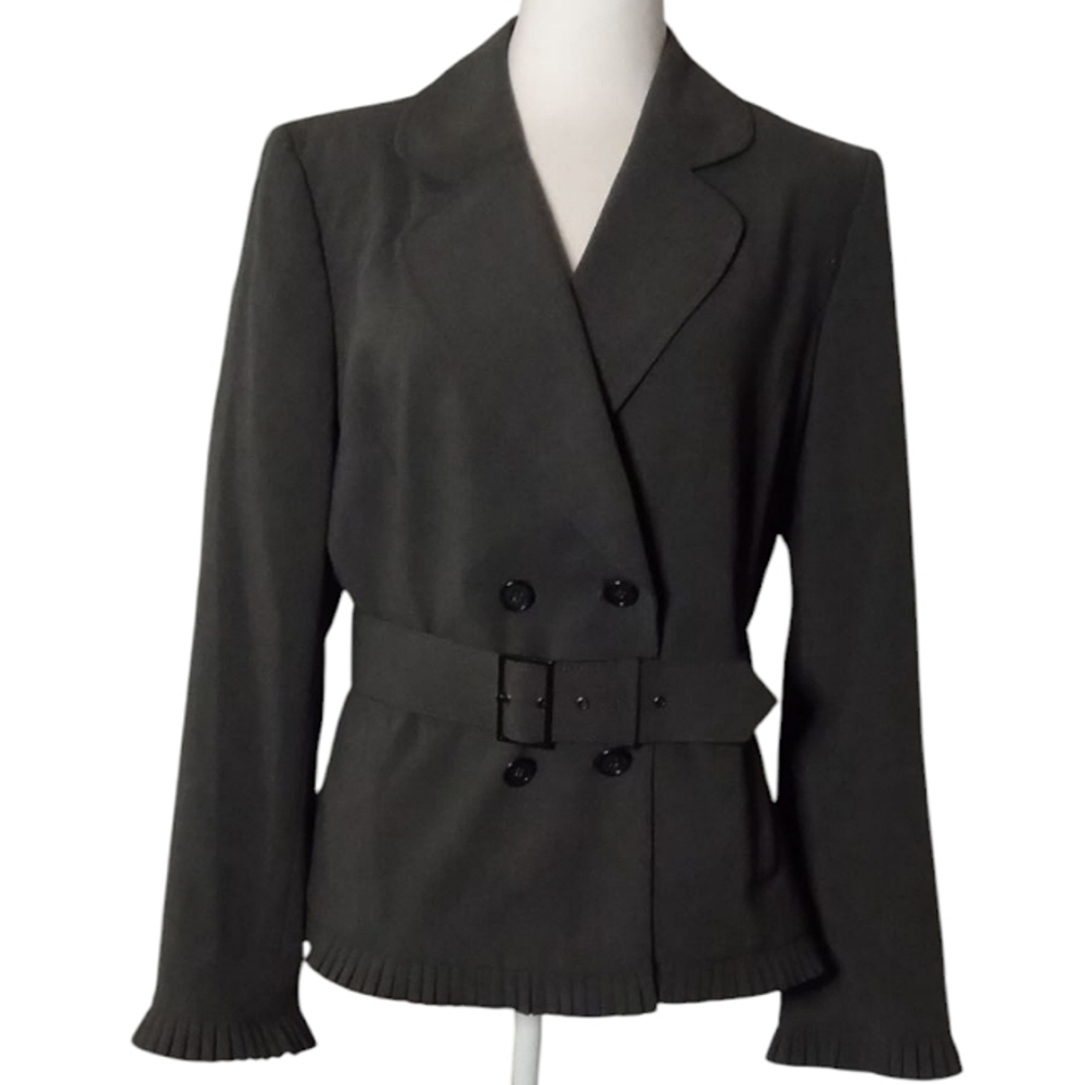 Isabella DeMarco Dark Gray Belted Ruffle Trim Notched Collar Blazer Size 12